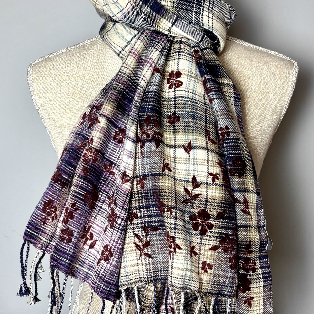 J Jill Blue and Purple Plaid Scarf with Velvet Flocked Flowers and Fringe - Picture 3 of 6